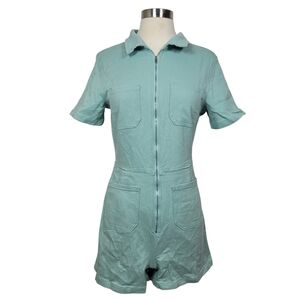 Fashion Nova Mint Green Zip-Up Short Sleeve Chorecore Utility Romper Size Medium